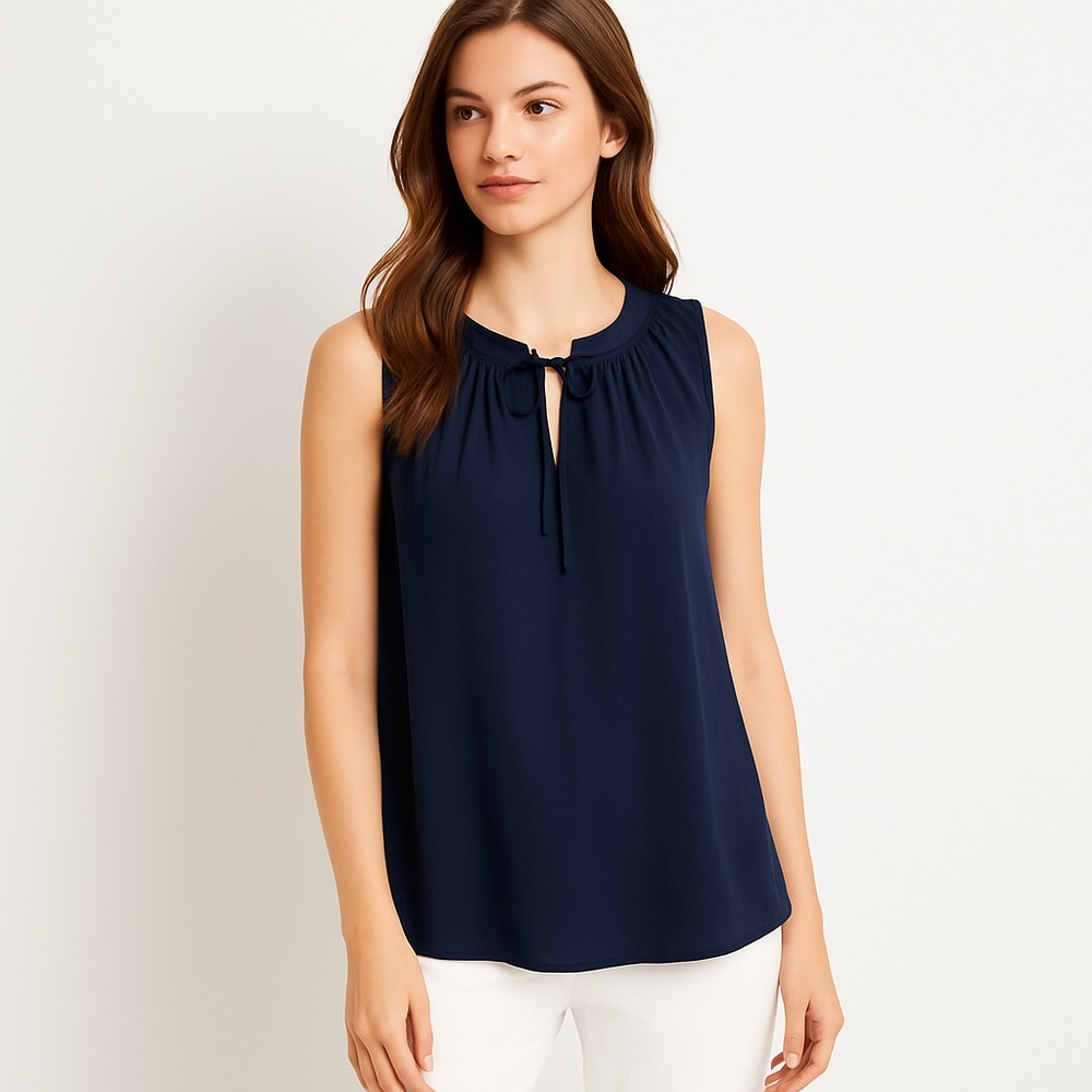 Ann Taylor LOFT Navy Pleated Sleeveless Tunic Blouse – Size M
